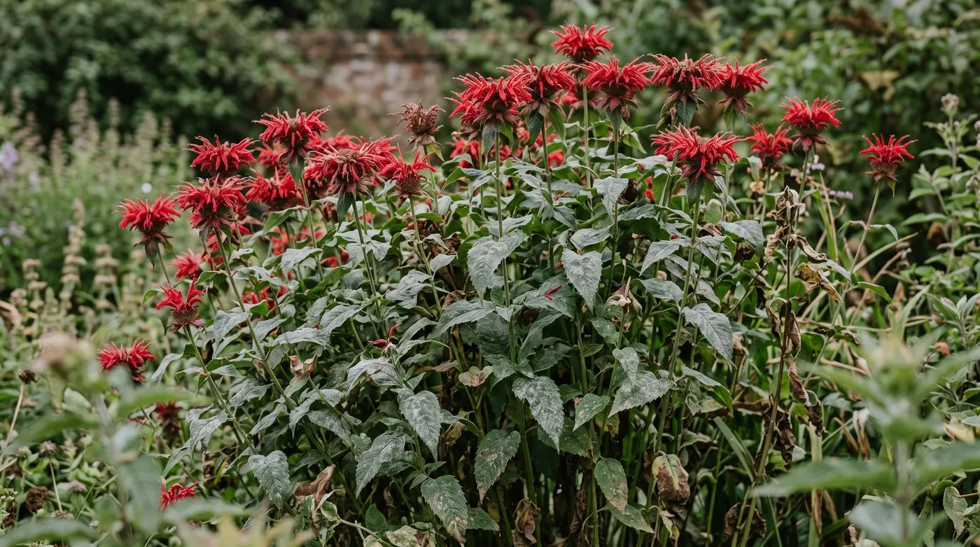 Monarda leaves coated in grey-white powdery mildew below scarlet flower heads