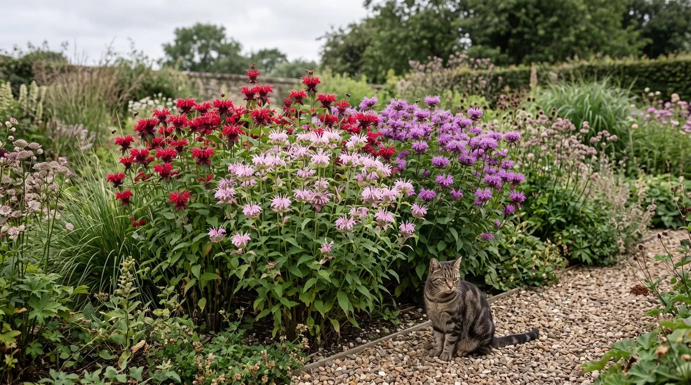 Drift of scarlet, pink and purple monarda in a summer border, with a tabby cat on the path