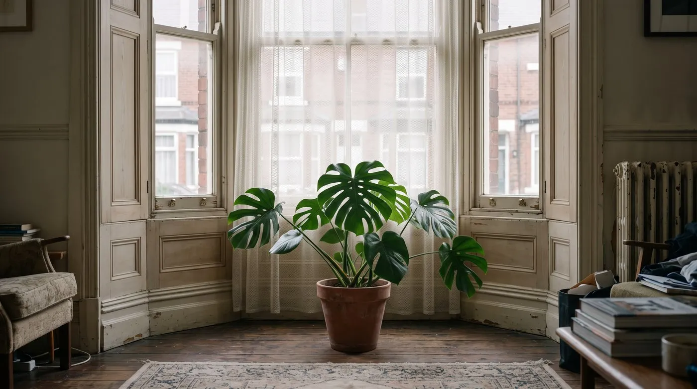 Monstera with split leaves standing a metre back from a bright window with a net curtain