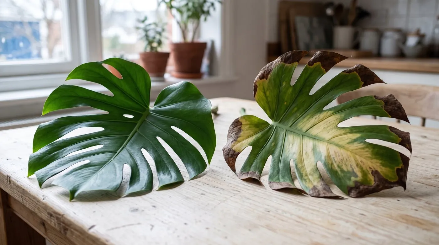 A monstera leaf with crispy brown tips beside a healthy glossy green monstera leaf