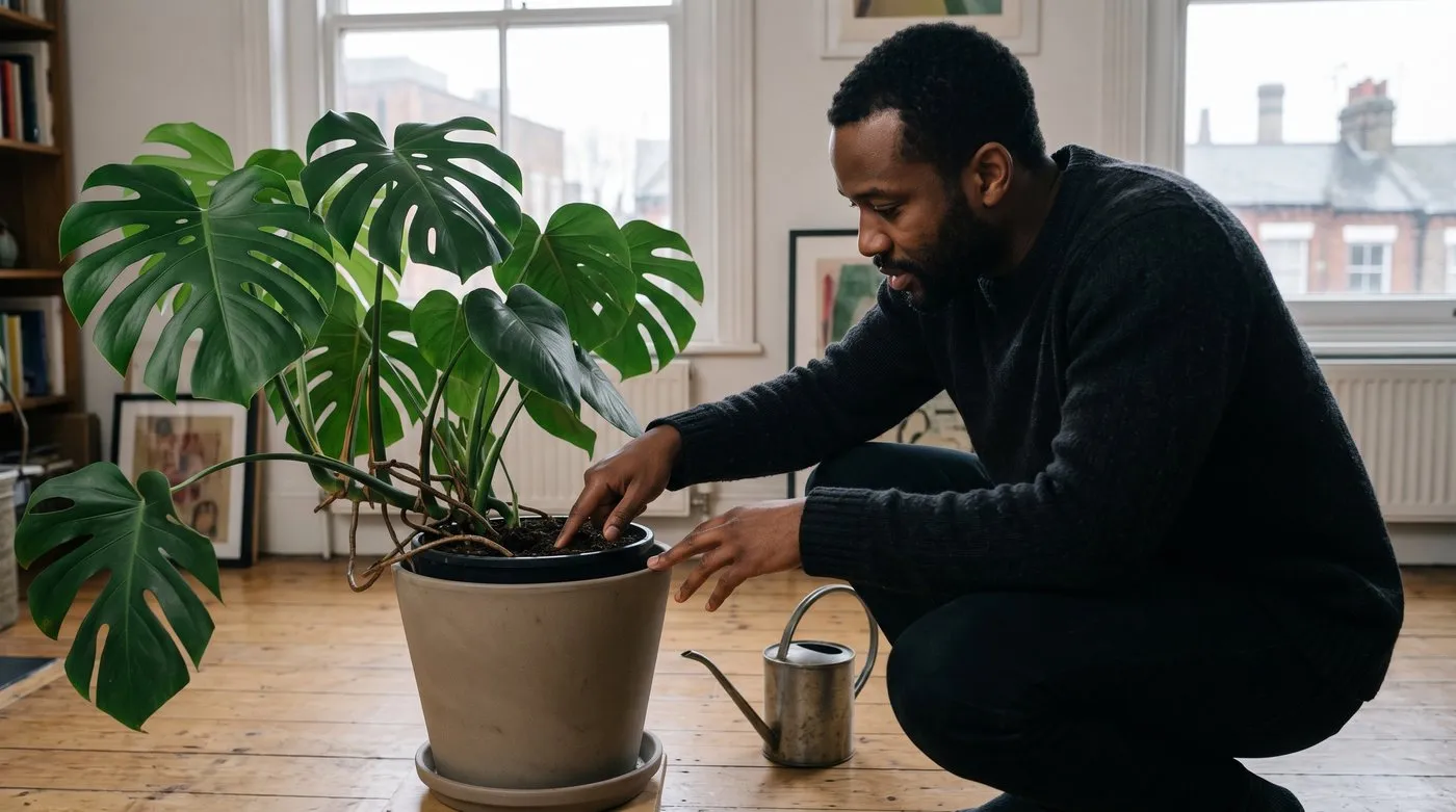 Man pushing a finger into Monstera compost to check whether it needs watering