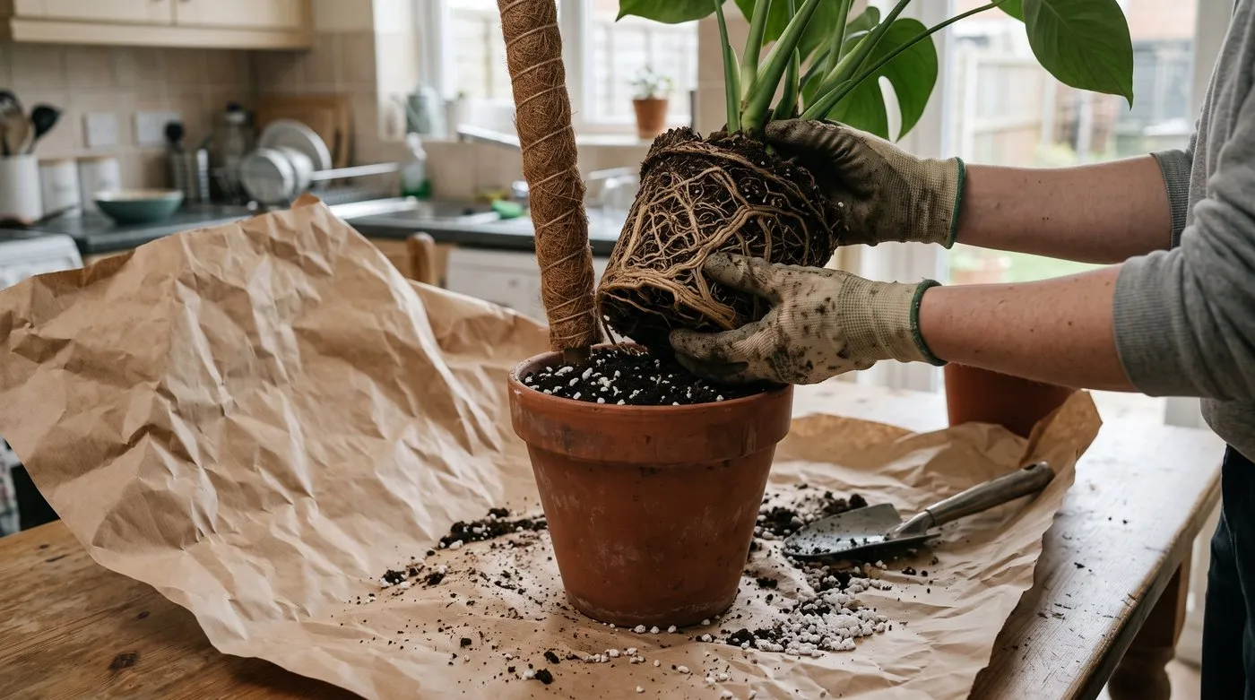 Gloved hands repotting a monstera into a slightly larger pot of compost and perlite with a pole