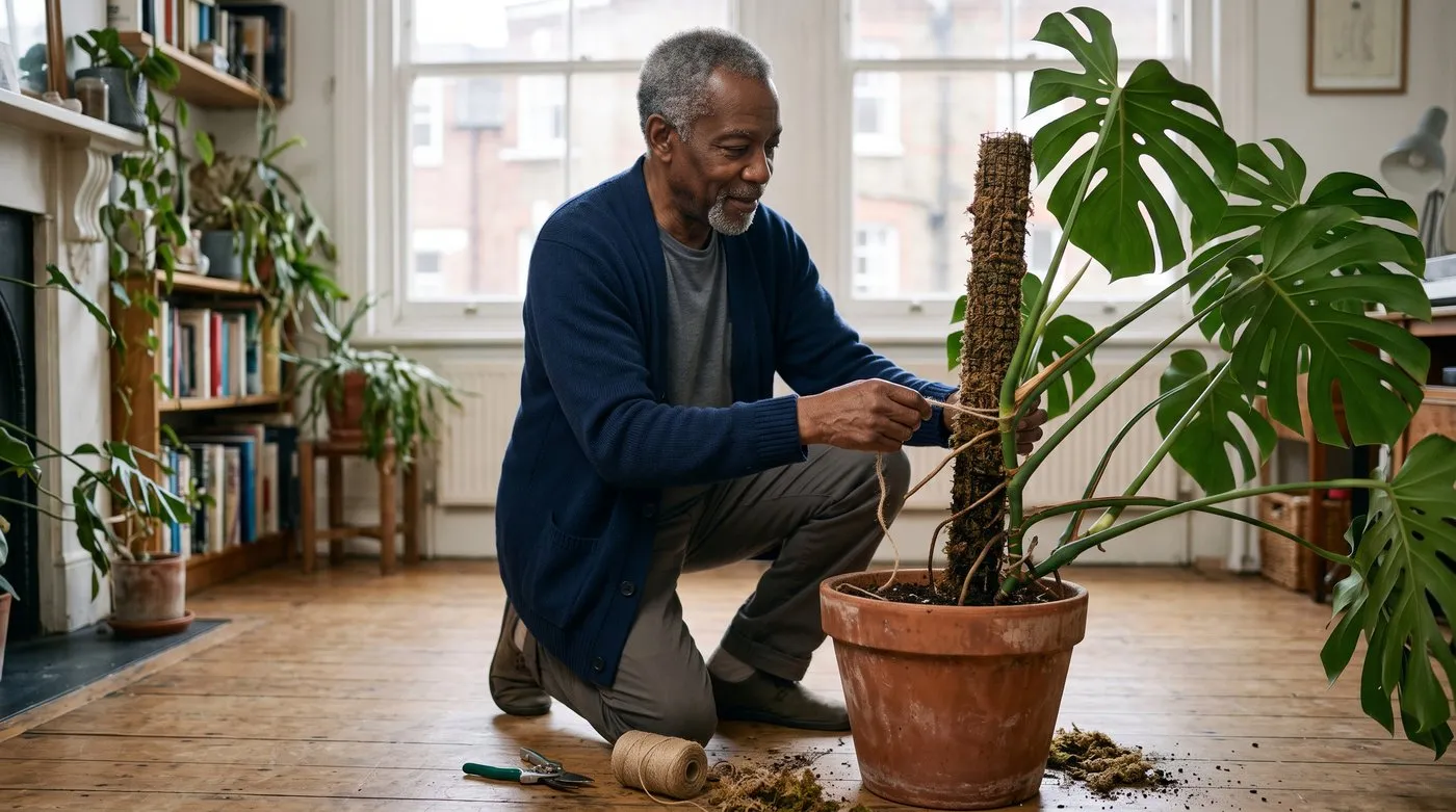 Man tying a monstera stem loosely to a damp sphagnum moss pole with soft twine