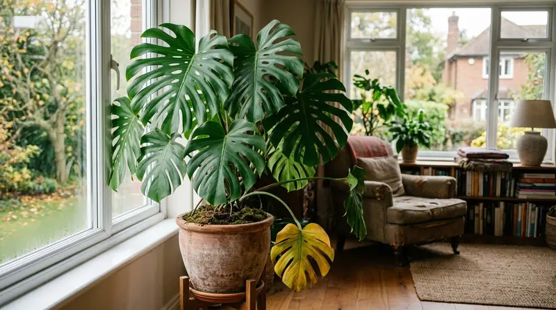 Large healthy Monstera deliciosa by a bright UK window with one lower leaf turning yellow