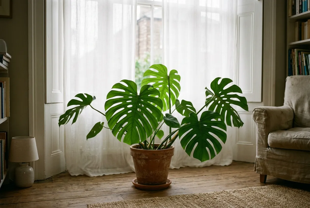 A Monstera deliciosa positioned in bright indirect light beside a sheer-curtained window in a UK room