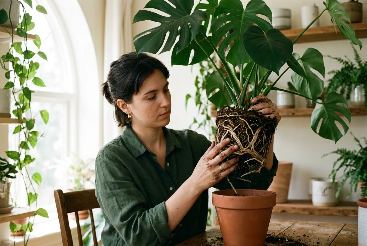 A person lifting a Monstera from its pot to inspect the roots for brown mushy rot against healthy white roots