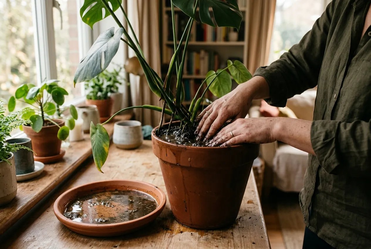 Hands pressing into dark waterlogged compost in a Monstera pot beside a saucer of standing water