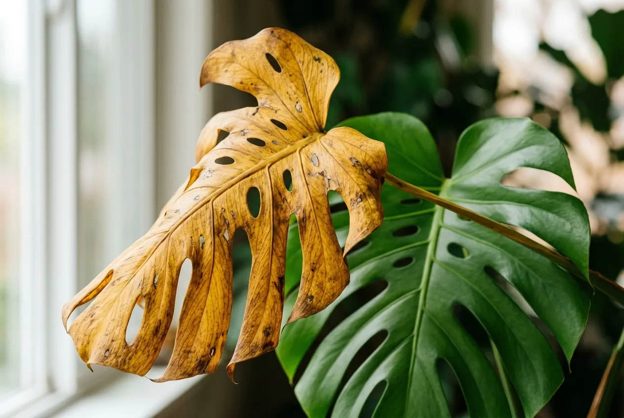 Close-up of a yellowing Monstera deliciosa leaf with a healthy green fenestrated leaf behind it