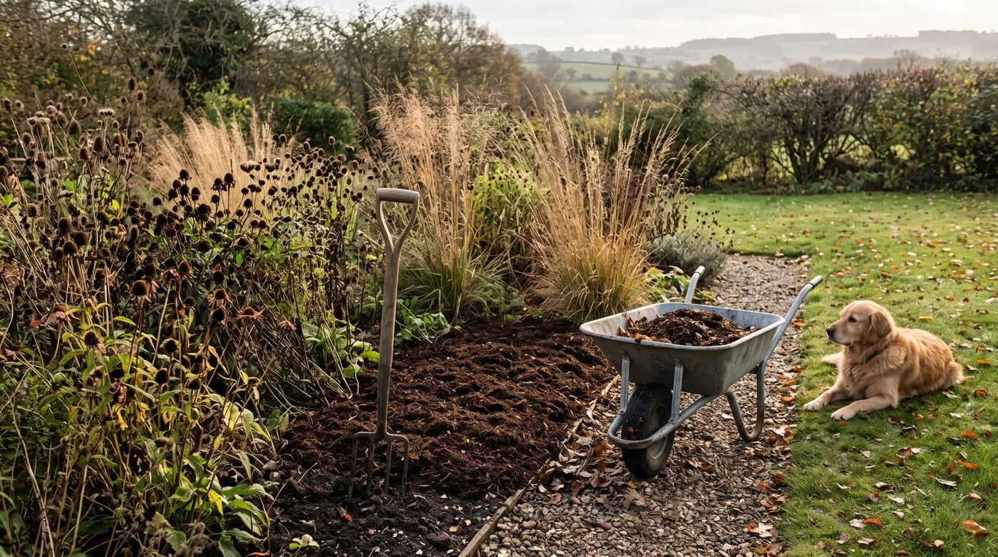 Autumn border with seedheads left standing, a thick compost mulch and a barrow of leafmould, inspired by Monty Don's tips