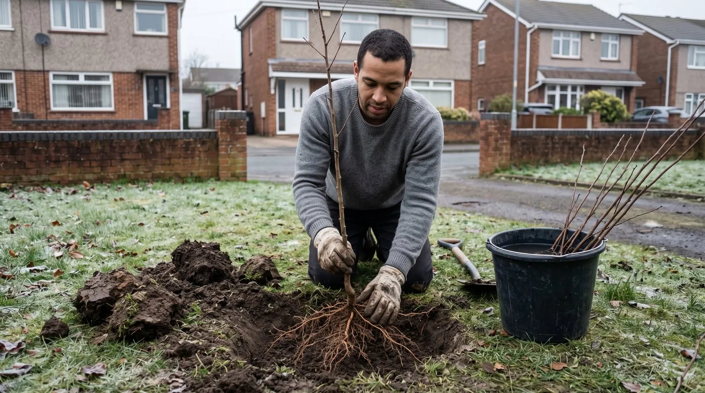 A man planting a bare-root hawthorn hedging whip into a wide shallow hole with no compost in it