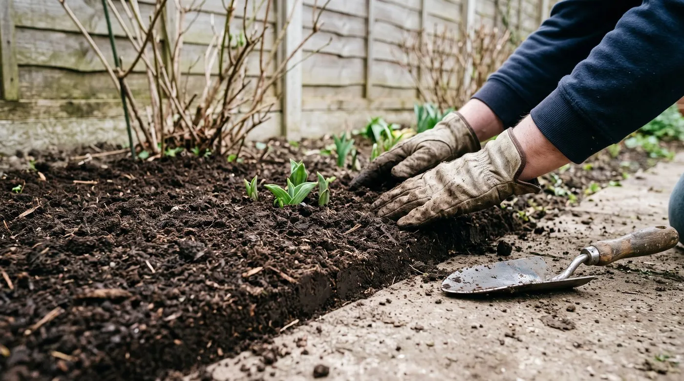 Gloved hands spreading a thick 5cm layer of dark compost mulch around new perennial shoots in a UK border