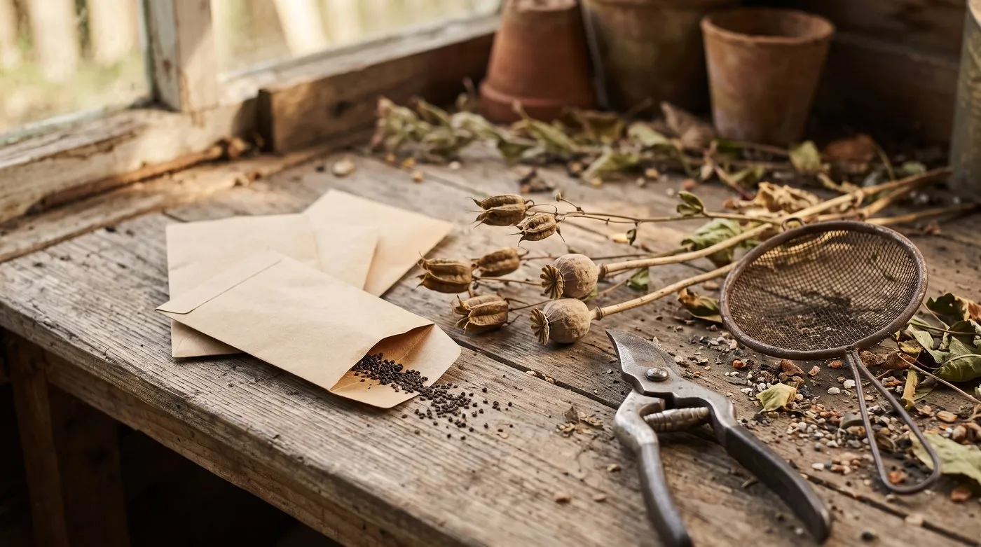 Plain brown paper envelopes, spilled seed and dried poppy seed heads on a wooden potting bench