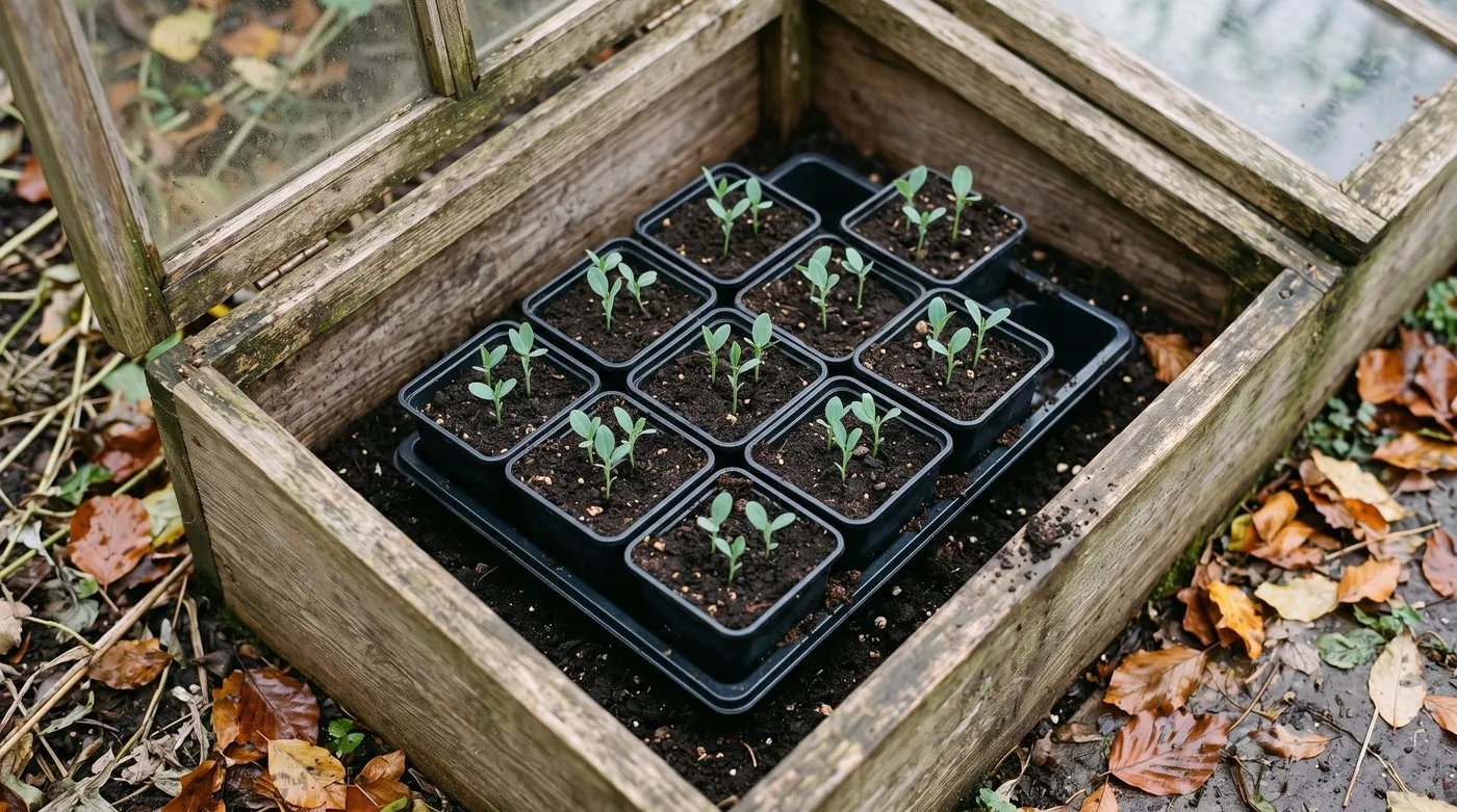 Small pots in a cold frame, each holding three young sweet pea seedlings