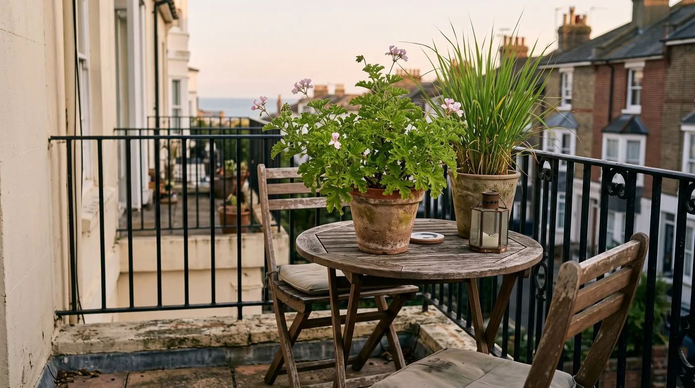 Lemon-scented geranium and lemongrass in terracotta pots on a small balcony table beside two chairs