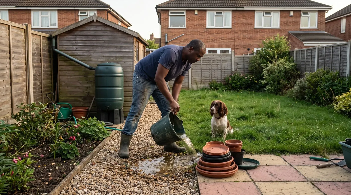 Man tipping stagnant water out of a bucket in a back garden, with a lidded water butt and a dog nearby