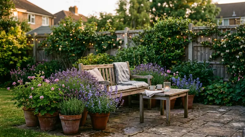 Patio seating area surrounded by lavender, catmint and citronella geranium in pots in a UK garden at dusk