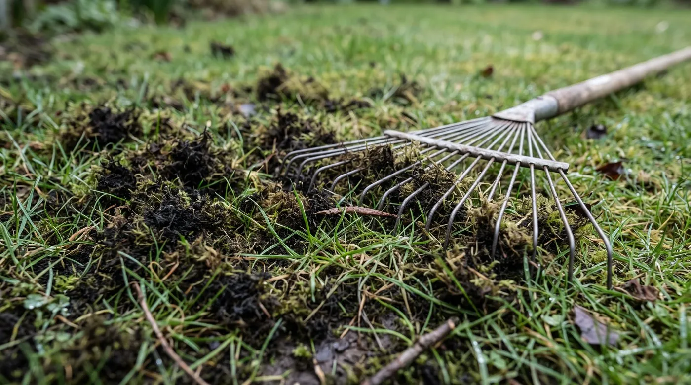 Moss in a lawn turned black after treatment, among green grass and ready to rake out