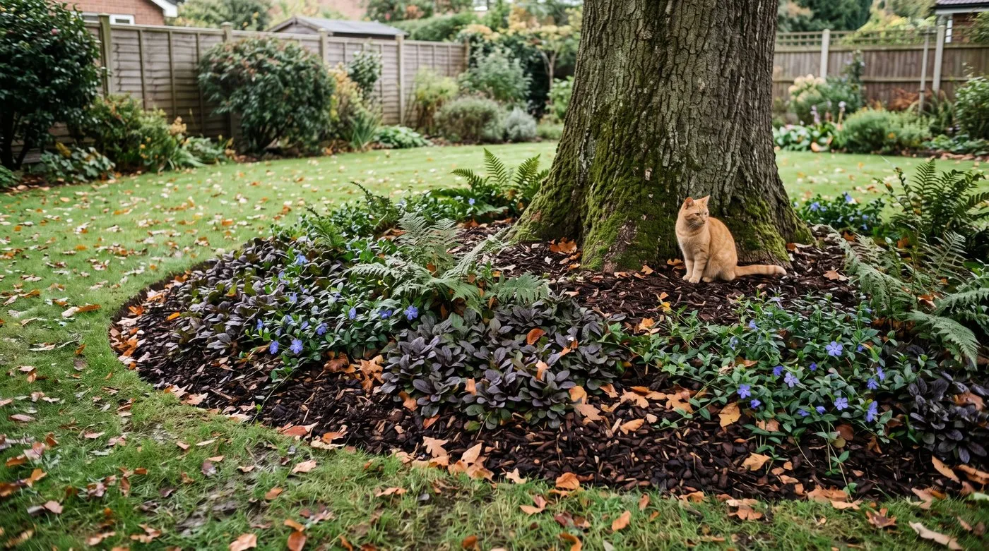 Shady spot under a tree turned from mossy lawn into a bark bed of bugle, periwinkle and ferns