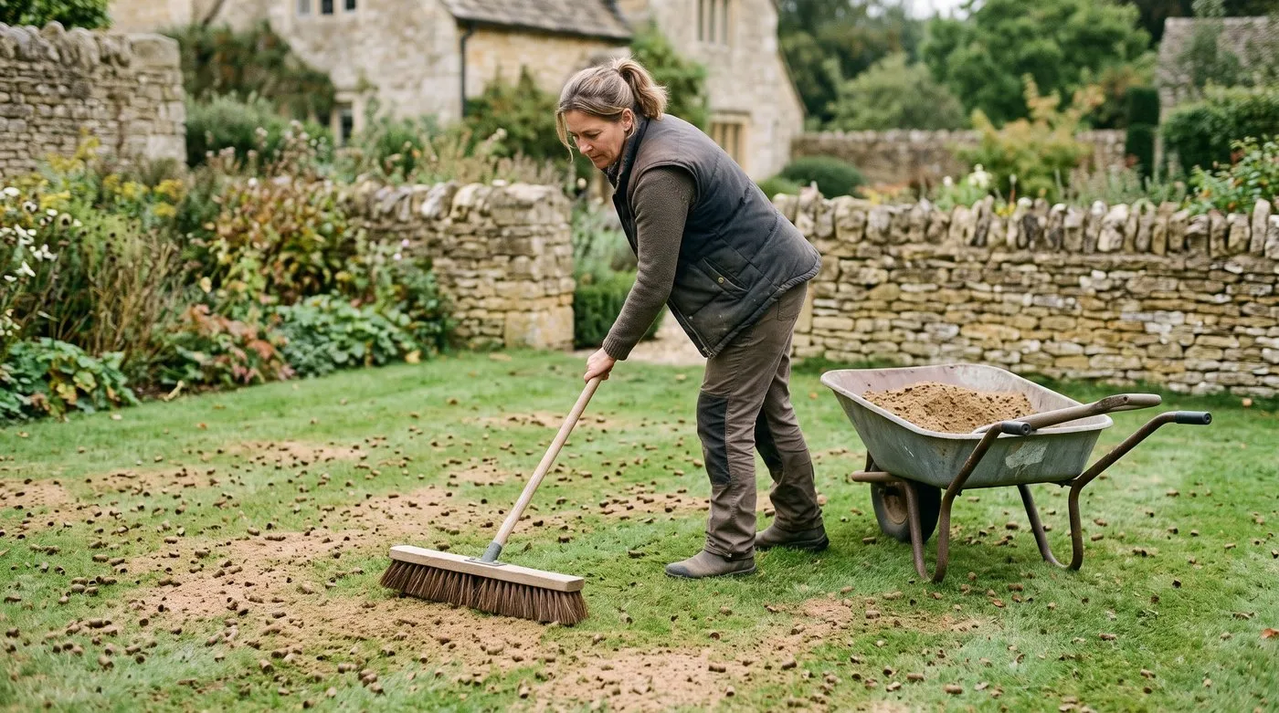 Brushing a sand and compost top dressing into aeration holes on a lawn to beat moss