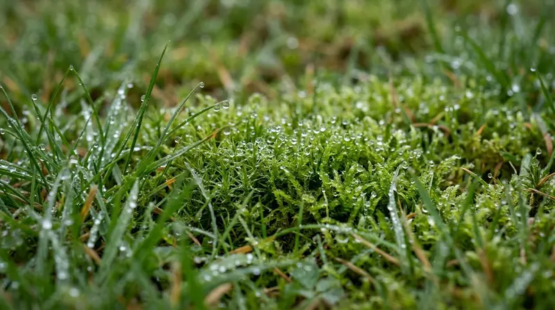 Green moss patches growing between grass blades in a damp UK lawn