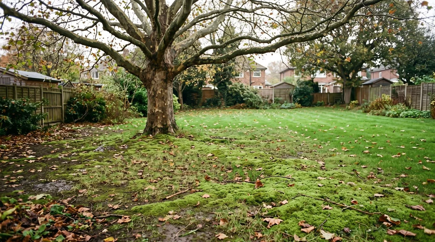 Moss in a lawn taking over thin grass in the shade of a mature tree, with healthy grass in sun