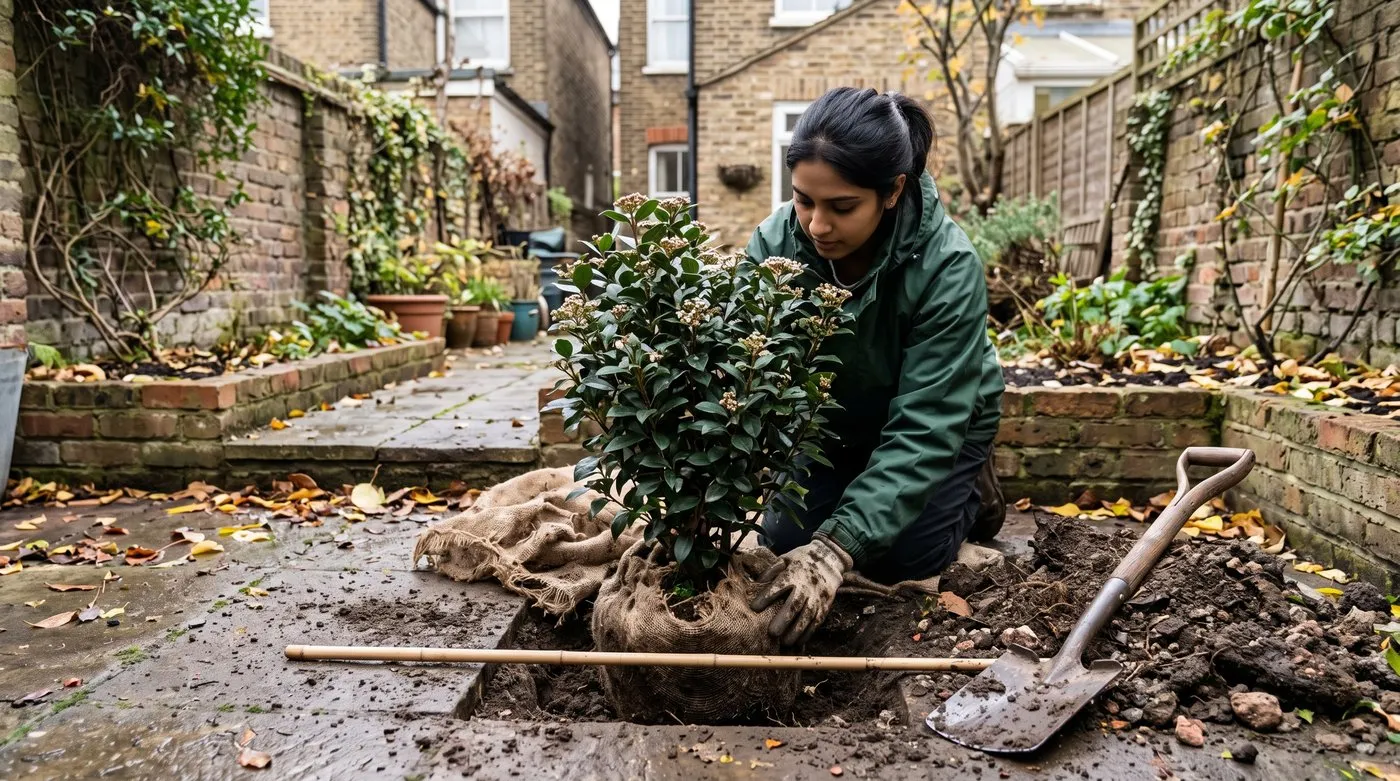 Gardener settling a Viburnum tinus into a new hole with a cane laid across to check the planting depth