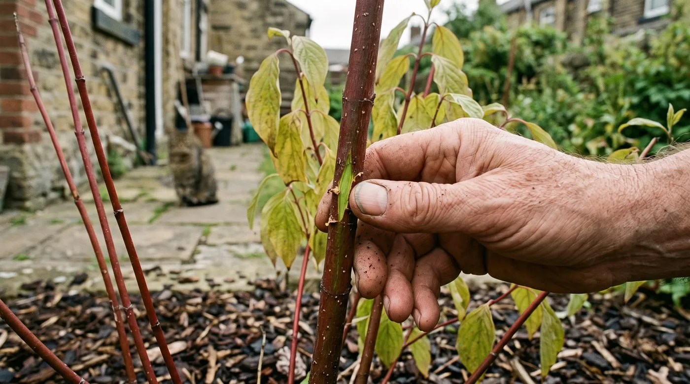 Hand scratching the bark of a wilting moved dogwood to show green living tissue, with a tabby cat on the path