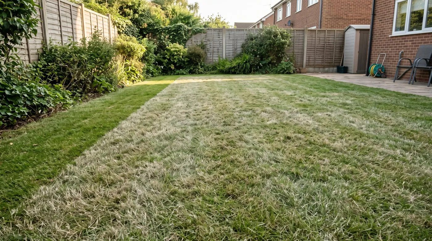 Lawn with a dull, brownish haze from torn grass tips beside a greener strip cut with a sharp blade