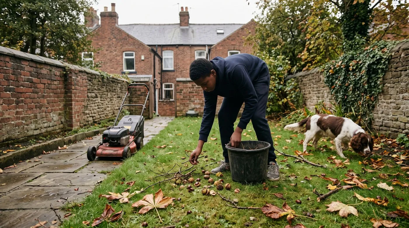 Teenager picking up twigs, conkers and stones from a lawn into a bucket before mowing, with a spaniel nearby