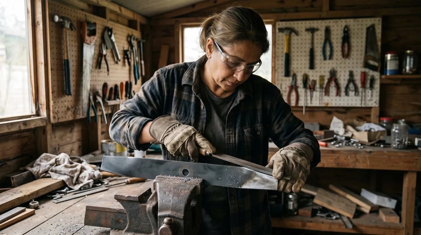 Woman in gloves and safety glasses filing the bevelled edge of a mower blade clamped in a vice