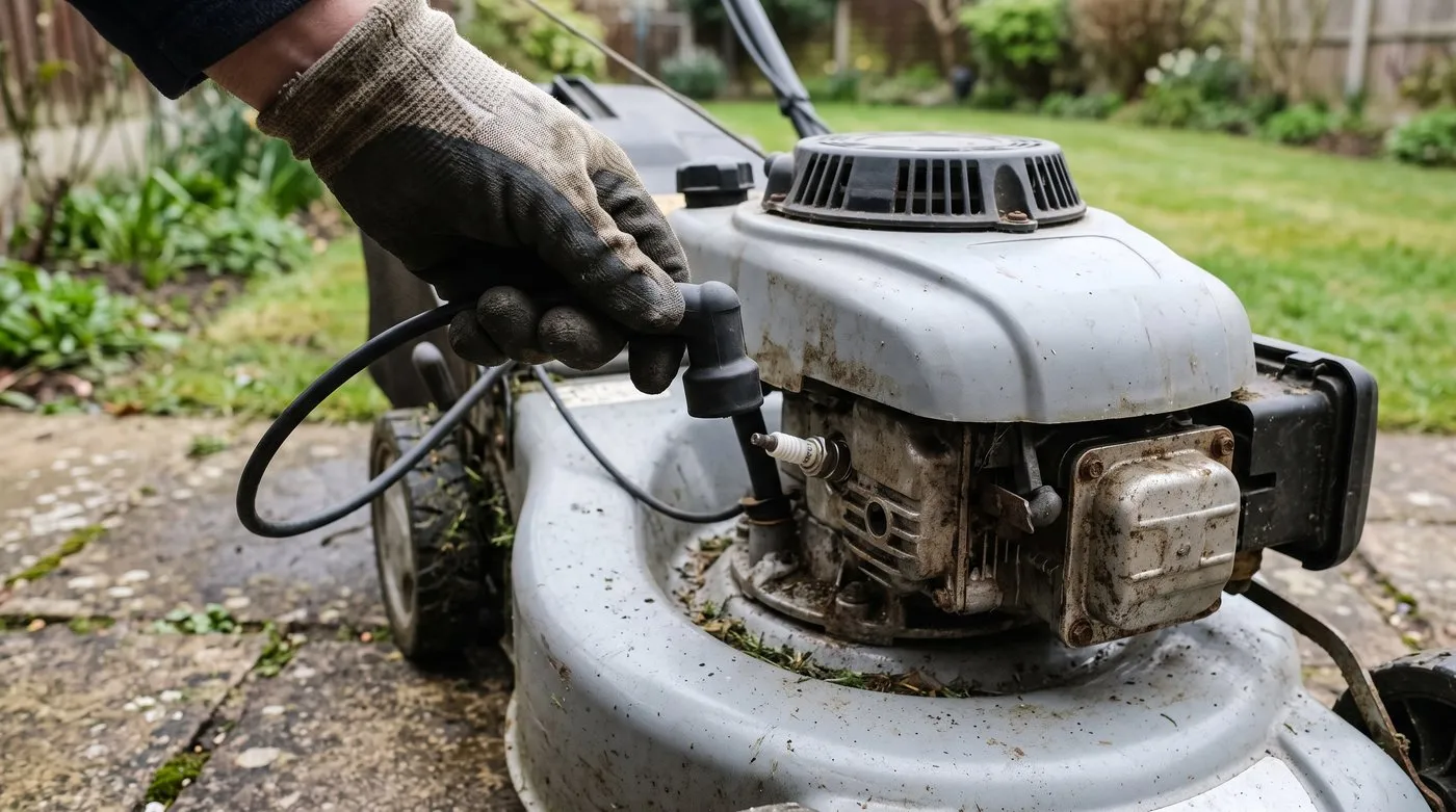 Gloved hand pulling the spark plug cap off a petrol lawn mower engine before working on the blade