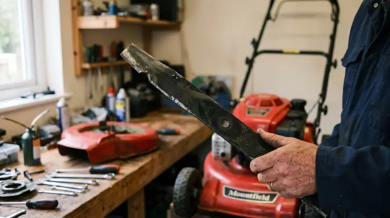 Removed rotary lawn mower blade held up for inspection in a UK garage, showing a nicked, blunt cutting edge
