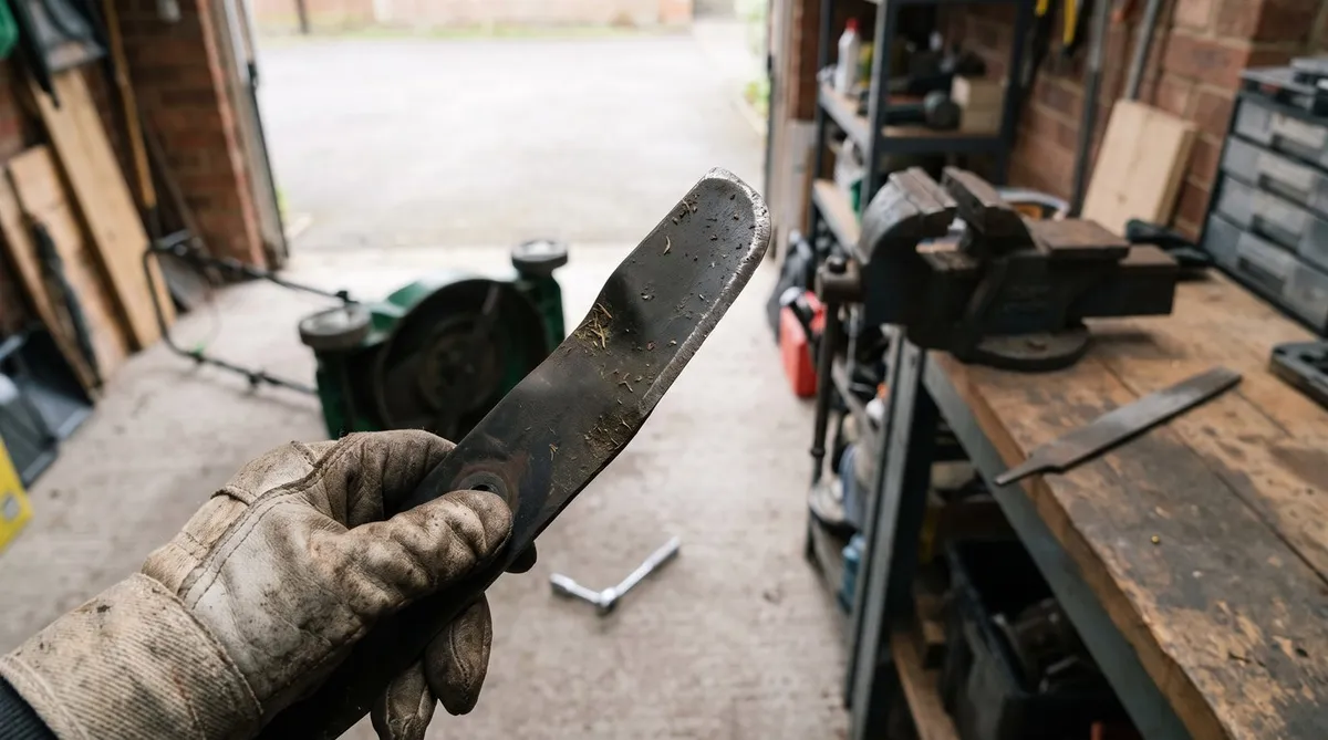 Gloved hand holding up a removed mower blade with a nicked, blunt edge in a garage