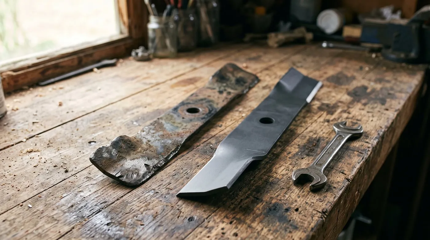 Worn mower blade with deep nicks and a worn wing beside a new replacement blade on a workbench