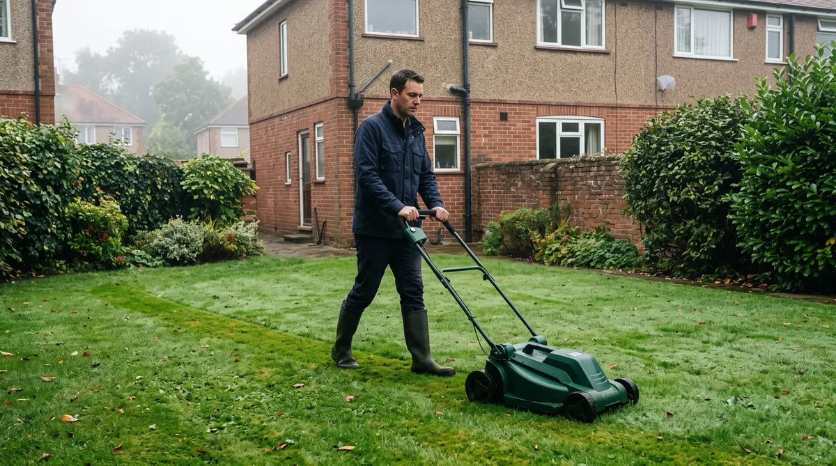 Man in wellies mowing a dewy lawn with a cordless mower in a suburban back garden on a misty morning