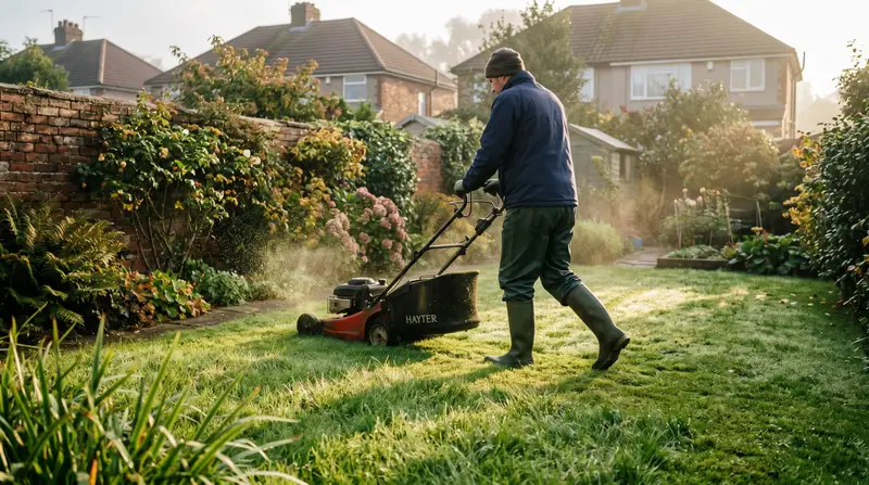 Person mowing dewy wet grass with a petrol mower in a UK garden on a misty morning