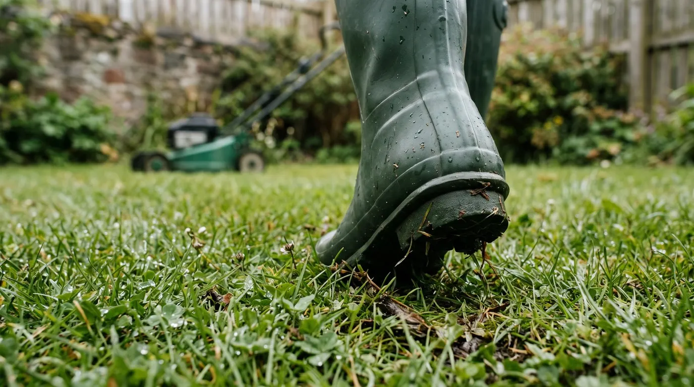 Wellington boot on a damp lawn after rain with a lawnmower waiting in the background