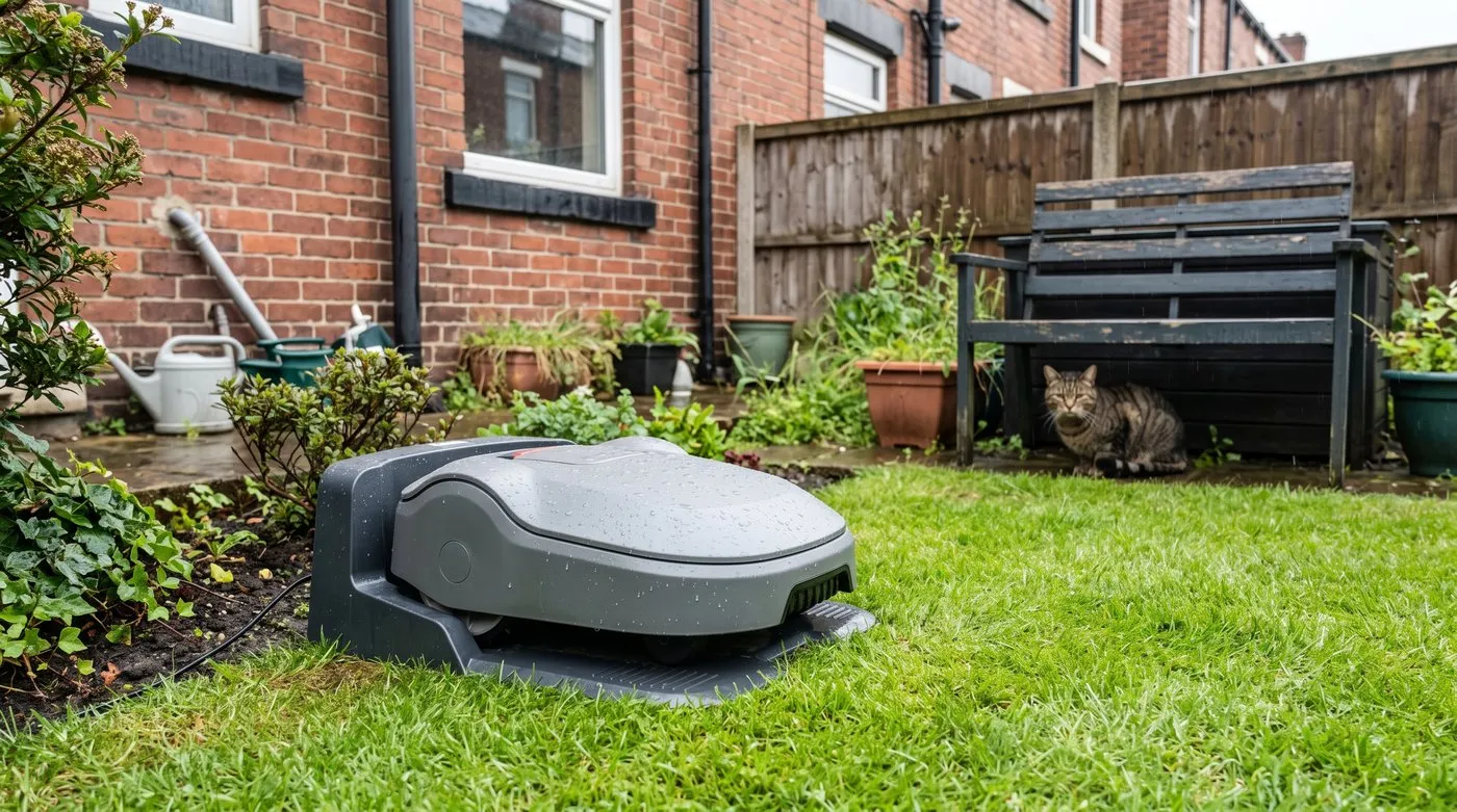 Robot lawnmower parked in its charging dock in light rain while a tabby cat shelters under a bench