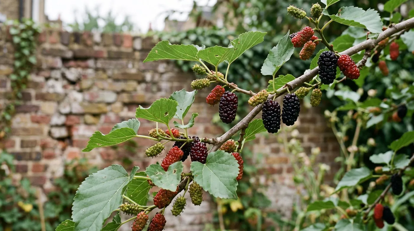 Black mulberry branch with rough heart-shaped leaves and fruit ripening from green to black