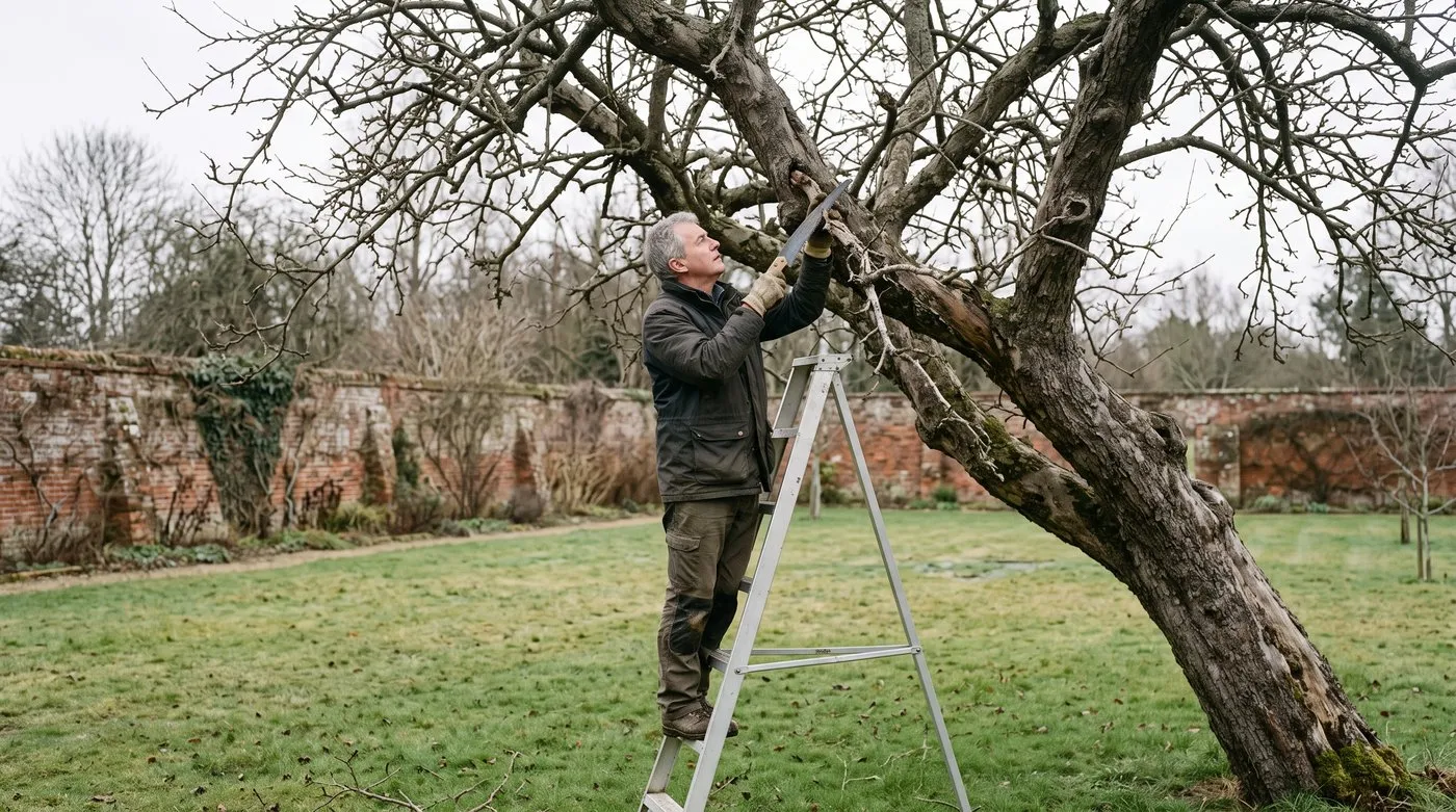 Man removing a dead branch from an old, gnarled mulberry tree with a pruning saw in winter