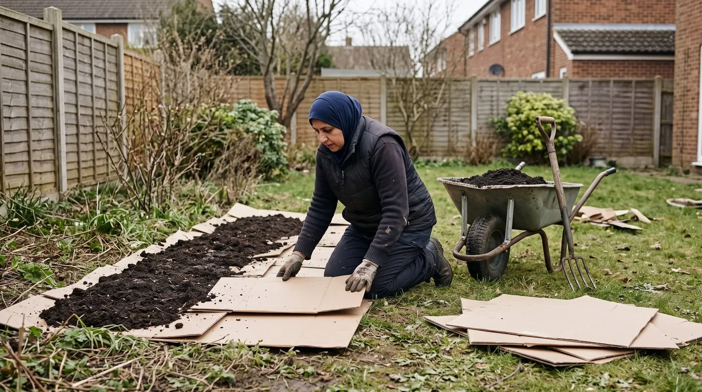 Woman laying cardboard over a weedy patch before covering it with compost mulch
