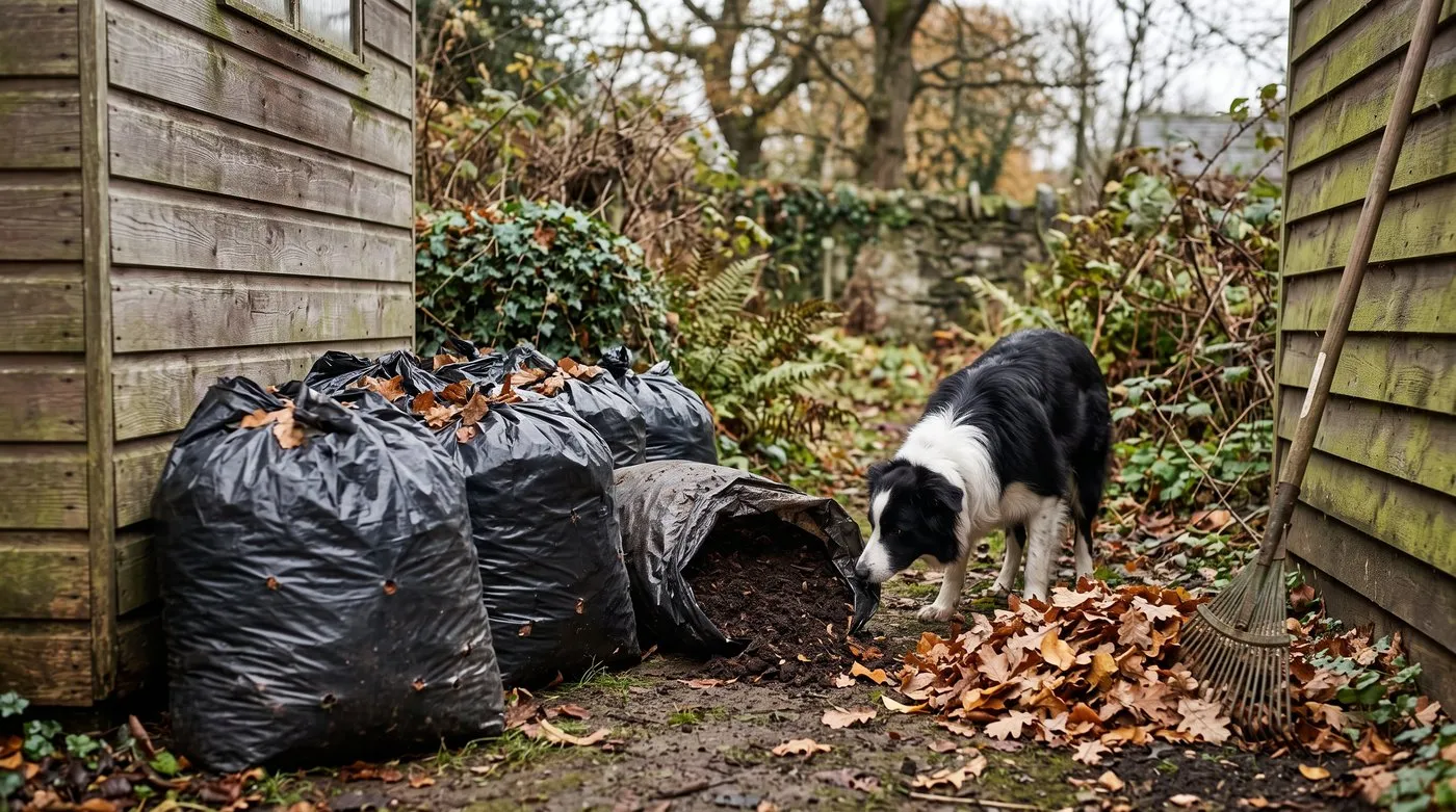 Bags of autumn leaves rotting into leaf mould behind a shed, with a border collie sniffing one