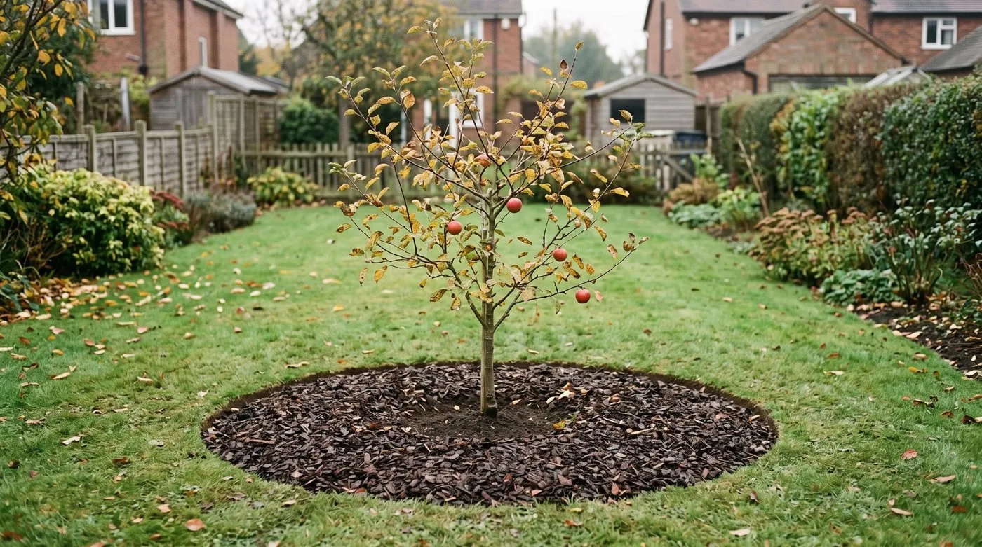 Young apple tree with a flat ring of bark mulch and a clear gap left round the trunk