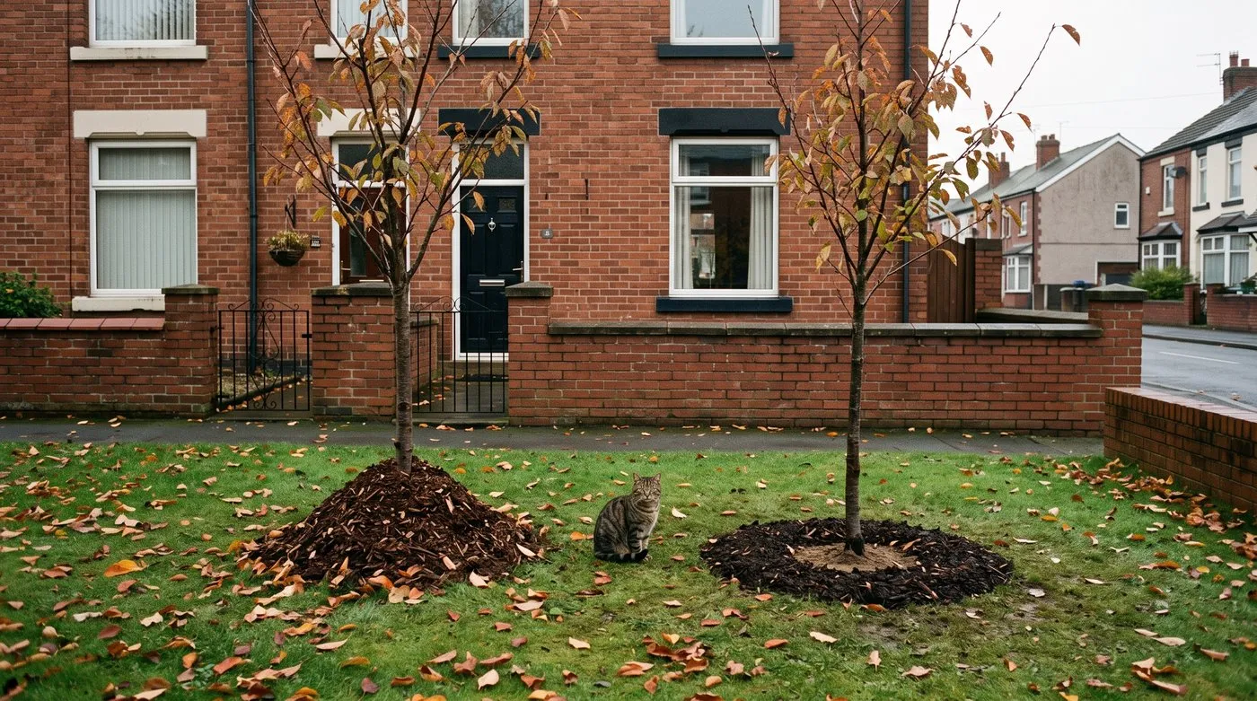 Bark mulch heaped against a young tree trunk beside a flat mulch ring kept clear of the trunk