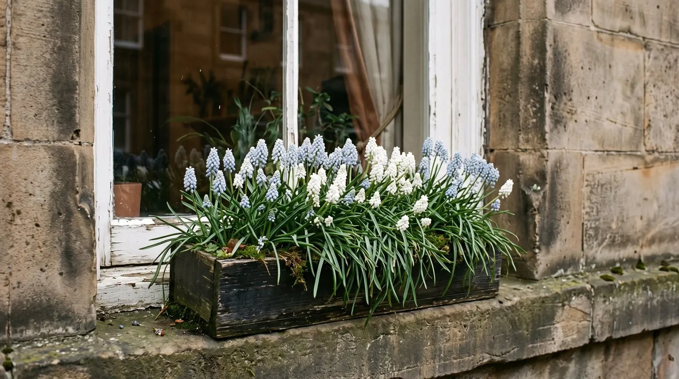 Window box packed with pale blue and white grape hyacinths on a flat's window ledge