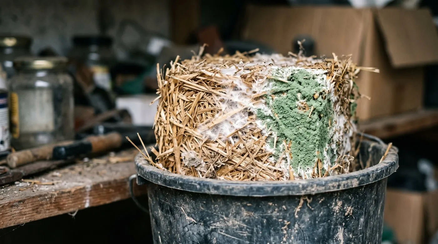 Straw block with white mushroom mycelium and a patch of bright green mould