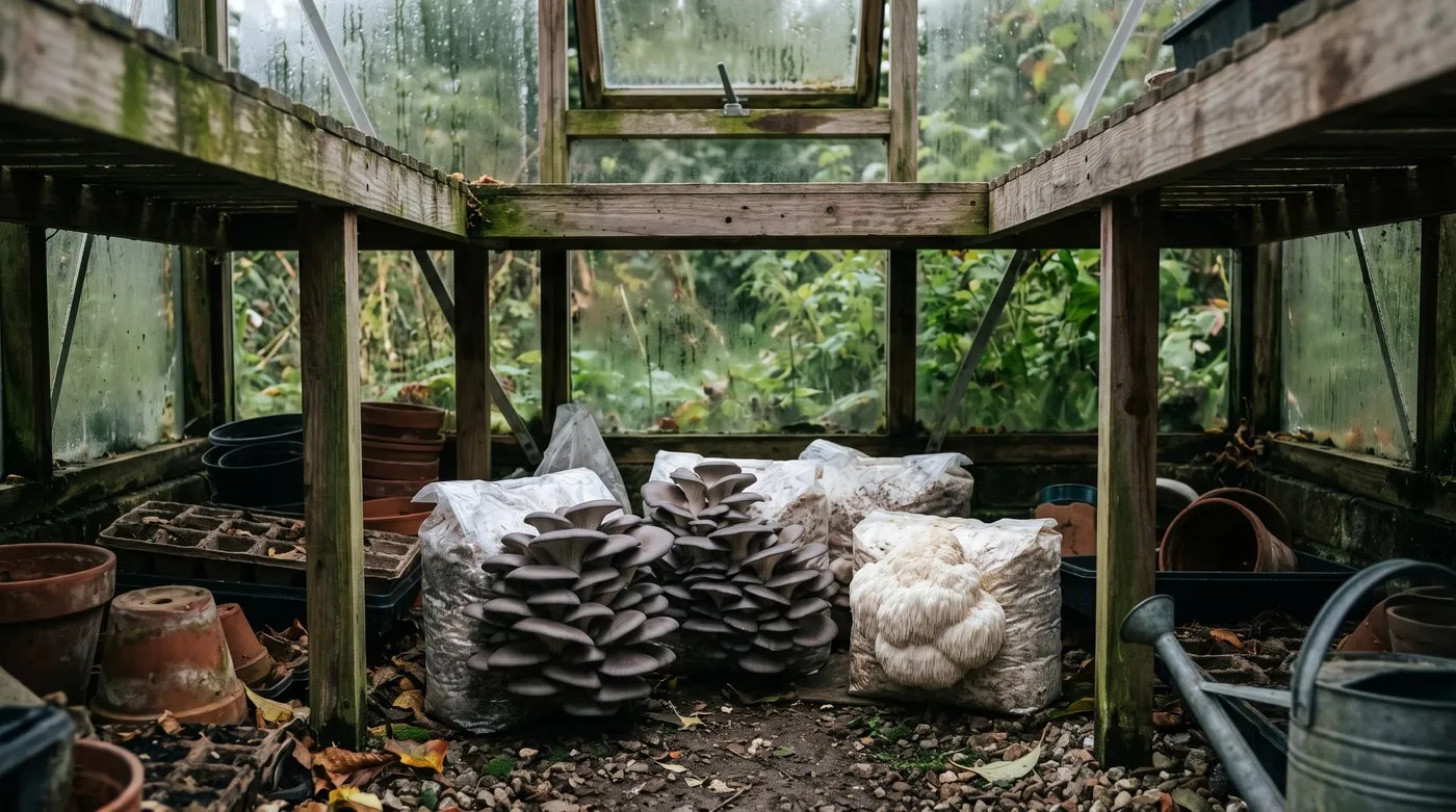 Mushroom kits fruiting in the shade under greenhouse staging in autumn