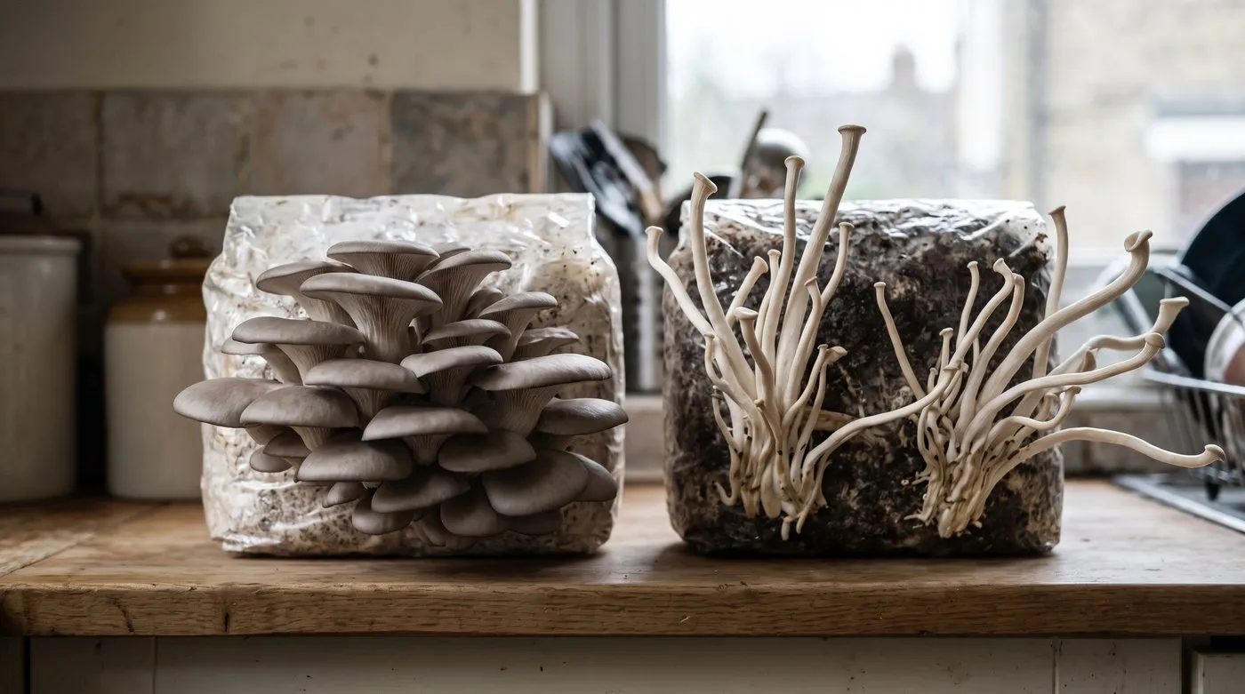 Leggy oyster mushrooms with long stems and tiny caps beside a healthy cluster of broad caps