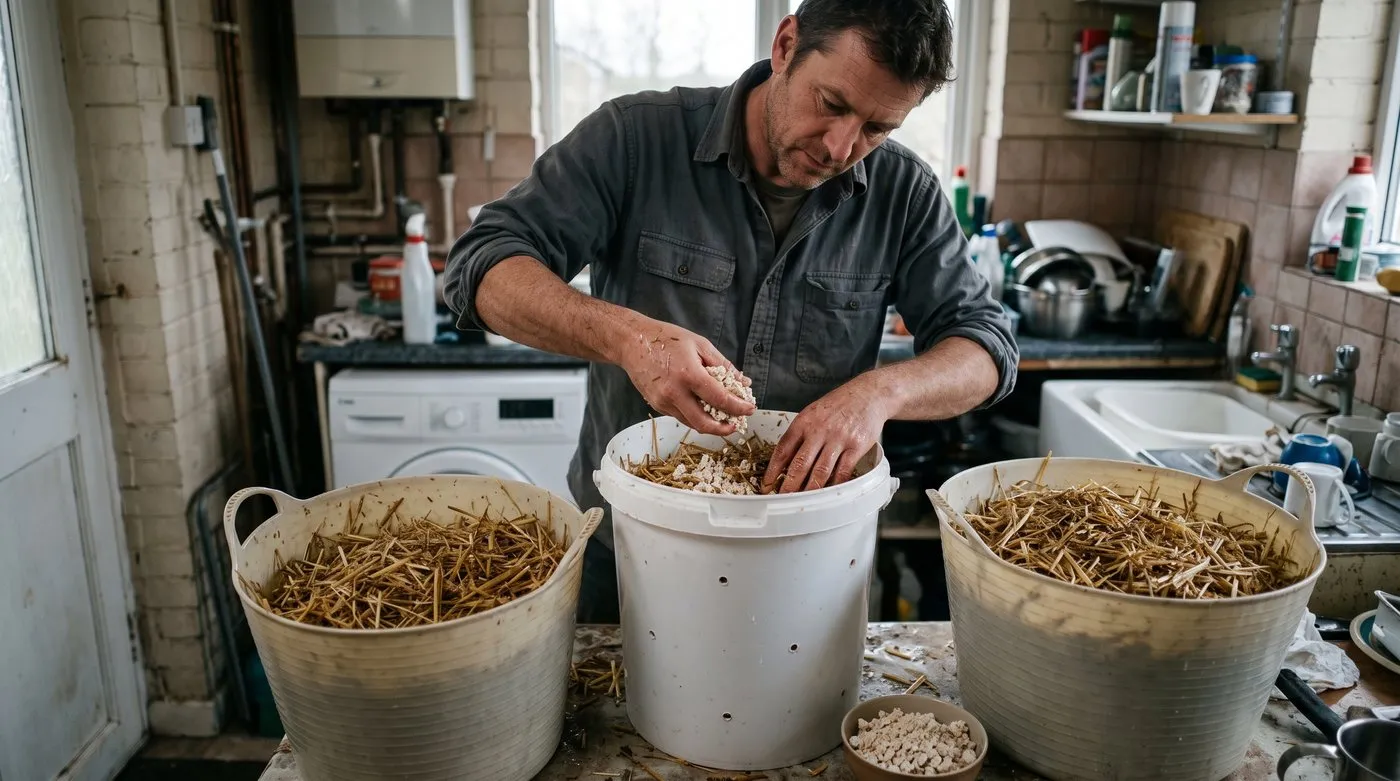 Man layering pasteurised straw and grain spawn into a bucket with drilled holes