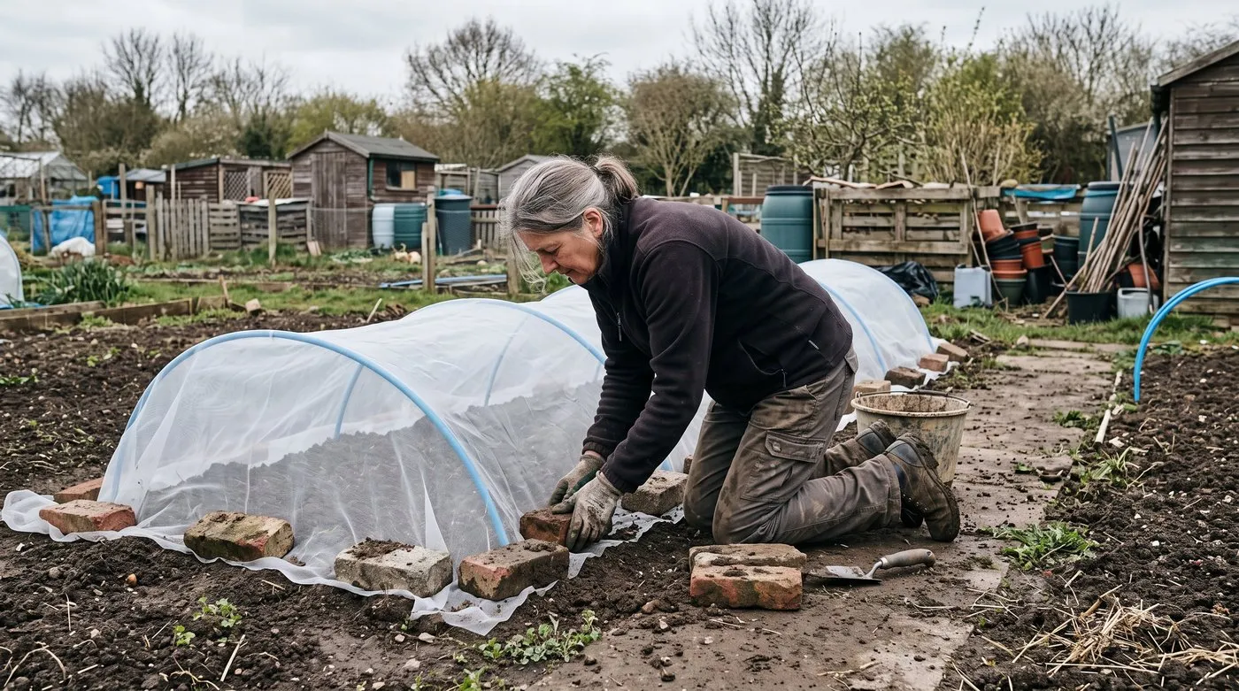 Woman weighing down the edges of fine insect mesh over a row of mustard greens